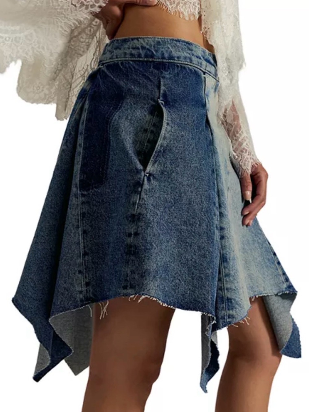 We The Free Two-Tone Denim Asymmetrical Frayed Skirt - Blue - Picture 4 of 9